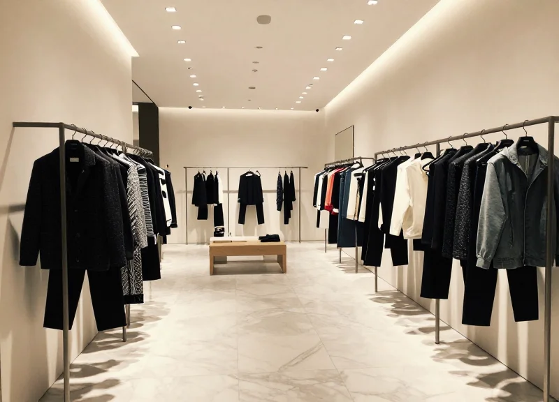 A luxury boutique interior with high-end designer apparel and elegant marble flooring under soft cinematic lighting.