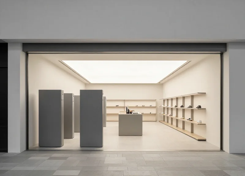 Side-by-side comparison of a retail entrance with bulky traditional pedestals versus a clean entrance with invisible security.