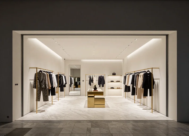 The interior of a high-end designer boutique with elegant clothing racks, marble floors, and sophisticated lighting, showing a clean and secure retail space.