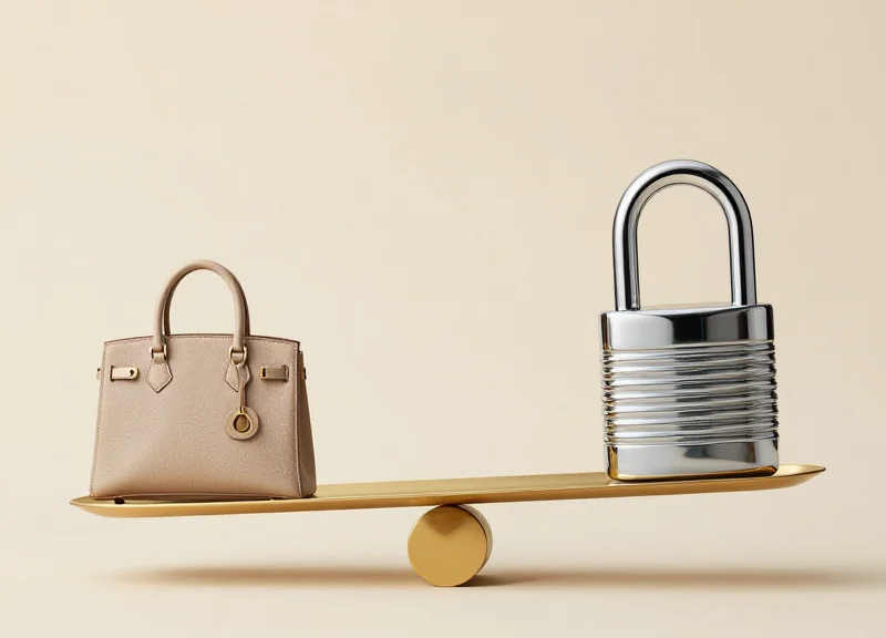 A surrealist art piece representing the balance between high-end luxury fashion and security protection.