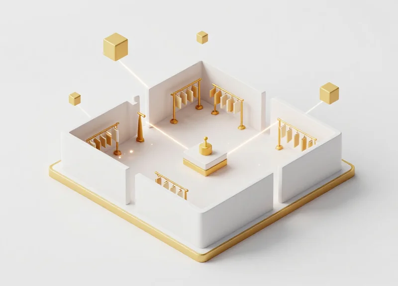 Isometric 3D model of a high-end designer boutique showing the integrated security system.