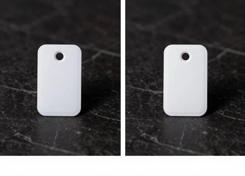 Side-by-side comparison of two different premium security tag designs for luxury retail.