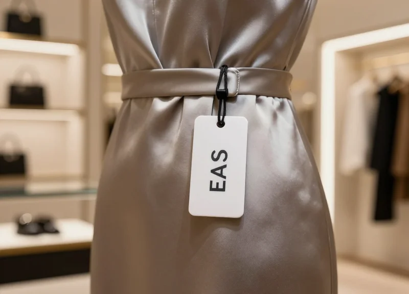 A close-up of a small, sleek, and minimalist security tag attached to a luxury silk garment in a high-end boutique setting with warm, soft lighting.