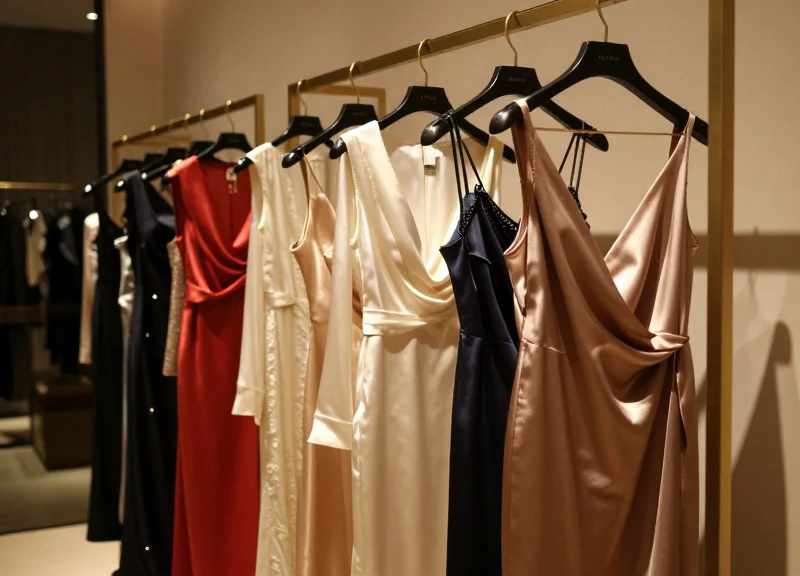 Luxurious boutique interior with designer clothing on elegant racks, emphasizing a high-end retail atmosphere.