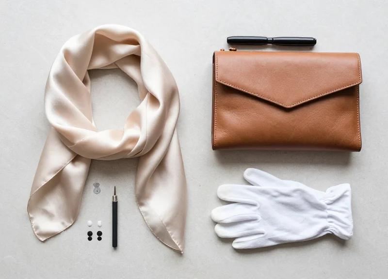 A top-down flat lay view of a designer silk scarf, a high-end leather accessory, and professional tagging tools neatly arranged on a clean minimalist surface.