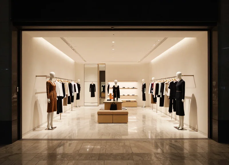 The interior of an ultra-luxury boutique showing a minimalist entrance without visible security pillars, emphasizing a seamless customer experience.