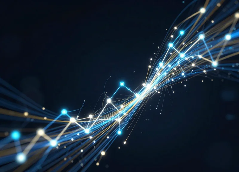 Abstract data visualization showing flowing golden light streams and nodes representing retail intelligence and ROI growth.