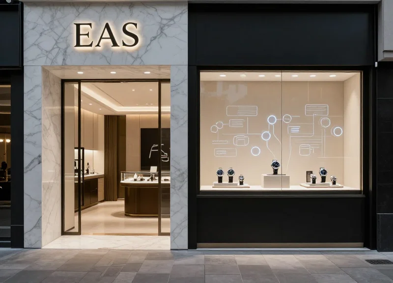 A split-screen layout comparing two luxury retail security concepts: a minimalist boutique entrance for invisible EAS and a high-end display with abstract digital nodes for RFID-hybrid.