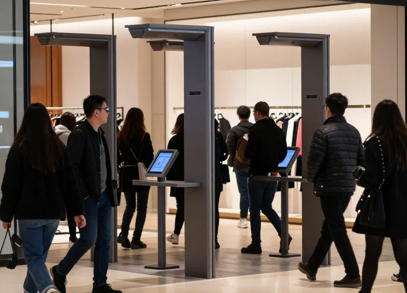 Busy modern retail store entrance with shoppers passing through EAS pedestals with high sensitivity.