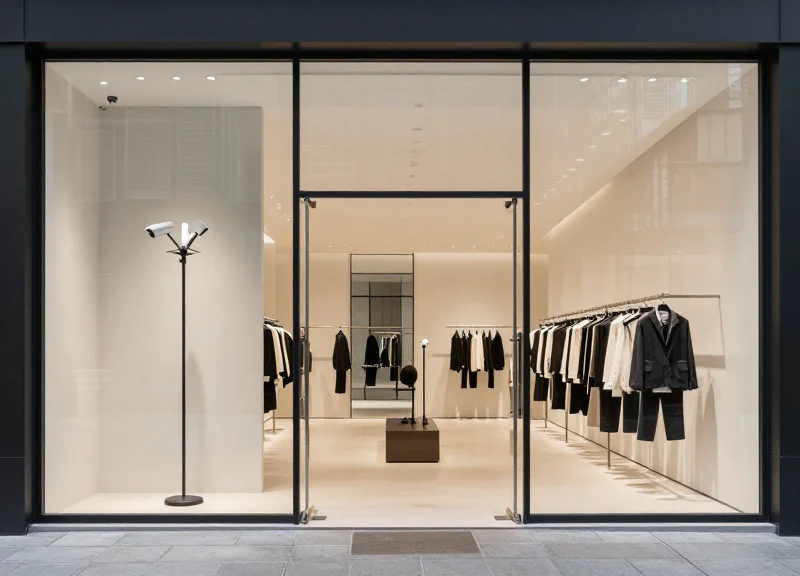 A wide store entrance featuring multiple sleek EAS pedestals covering a large span.