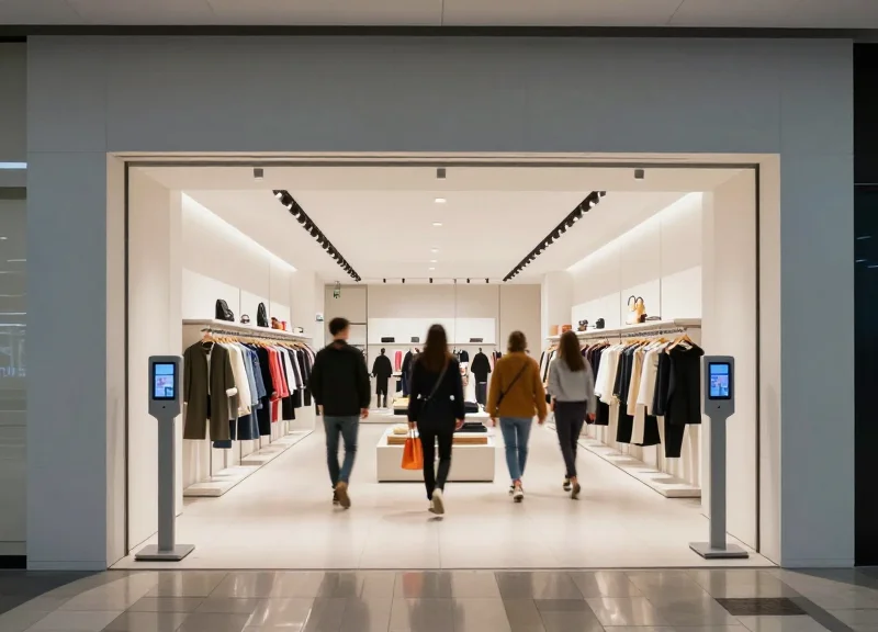 A wide-angle, photorealistic shot of a modern fast fashion store entrance with sleek security pedestals on both sides as customers walk through.