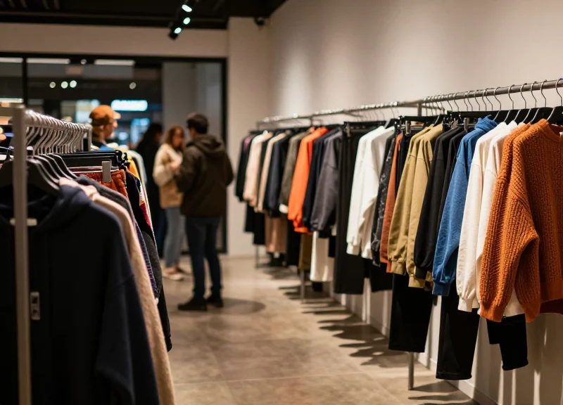 A modern fast fashion retail interior with customers browsing organized clothing racks under elegant warm lighting.