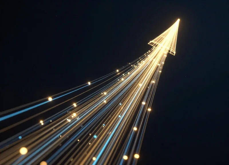 Abstract digital visualization of upward trending light streams and glowing data points representing profit growth.