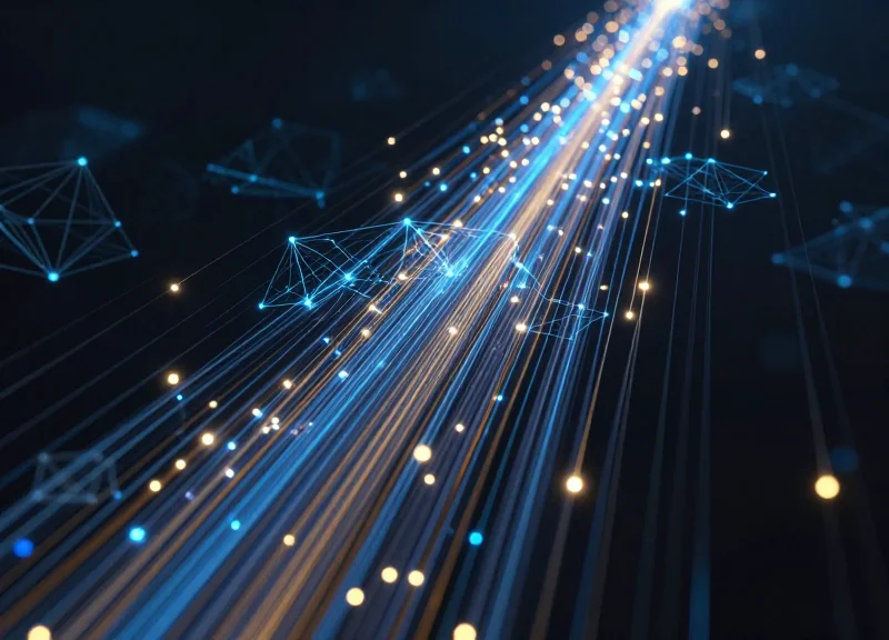 Abstract 3D data visualization featuring glowing blue and golden light trails trending upward against a dark tech background, symbolizing high detection rates and business growth.