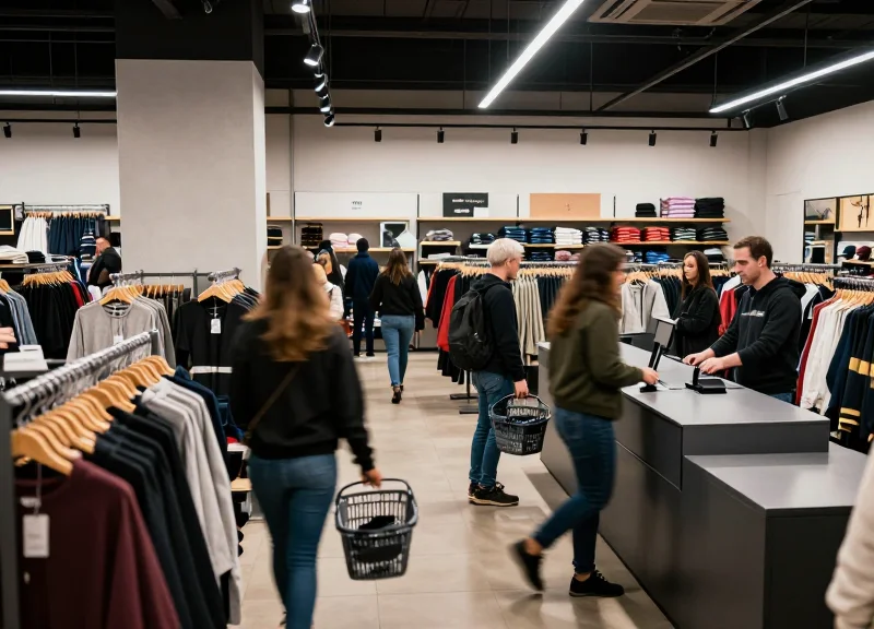 Busy fast fashion retail store with shoppers at a crowded but moving checkout area.