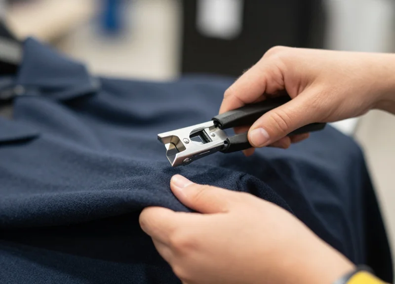 Close-up of retail staff hands quickly detaching a security tag from a garment.