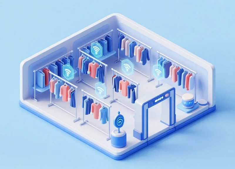 Isometric 3D illustration of a modern clothing retail floor with glowing digital data points over clothing racks and security gates, representing an advanced RFID-EAS inventory system.