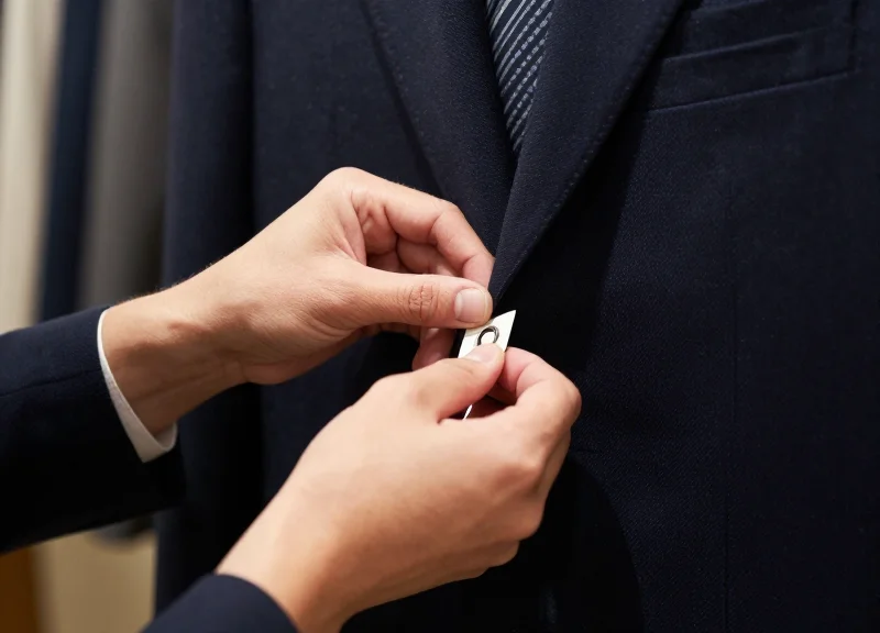 A staff member's hands carefully applying a security tag to a high-end garment.