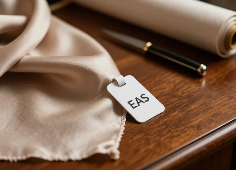 A close-up photorealistic shot of a sleek, modern EAS security tag attached to a soft, folded luxury cashmere garment in a high-end tailor shop.