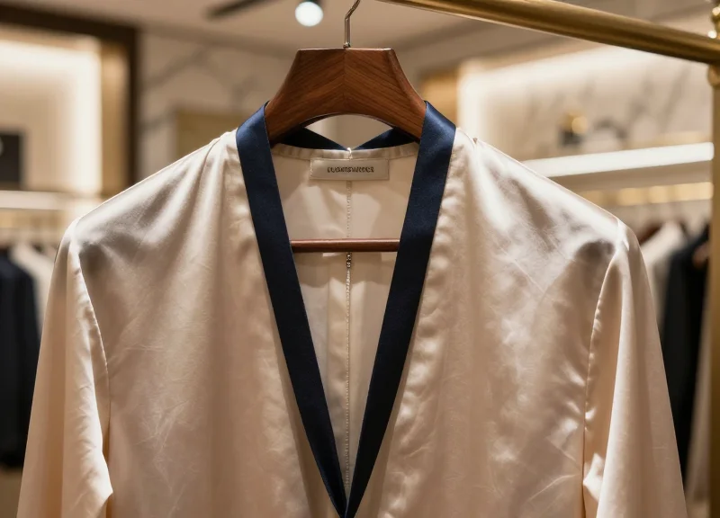 A close-up of a high-end designer garment on a wooden hanger inside a luxury boutique, featuring a sleek, damage-free security lanyard attached to the fabric.