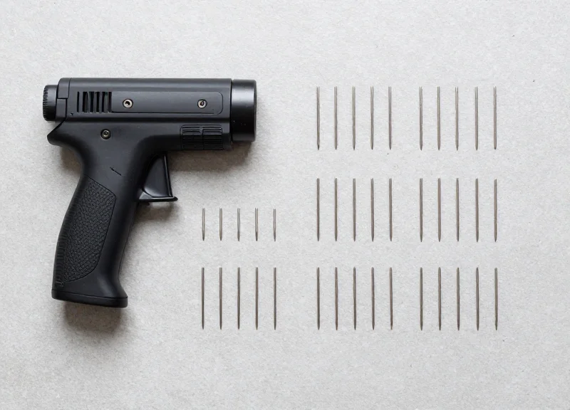 Top-down view of professional tagging equipment including a tagging gun and fine-needle pins arranged on a clean workbench.