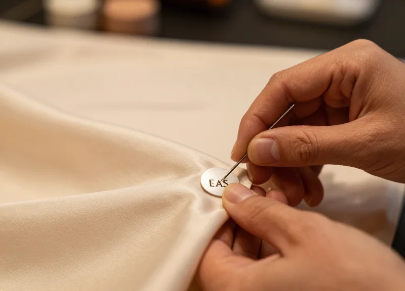 A close-up high-definition photograph of a professional hand carefully pinning a 15mm fine-needle EAS security tag to a delicate silk garment, showing the precision and fabric protection.