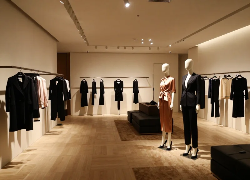 Interior of a high-end luxury fashion boutique with sophisticated minimalist design and elegant garments.