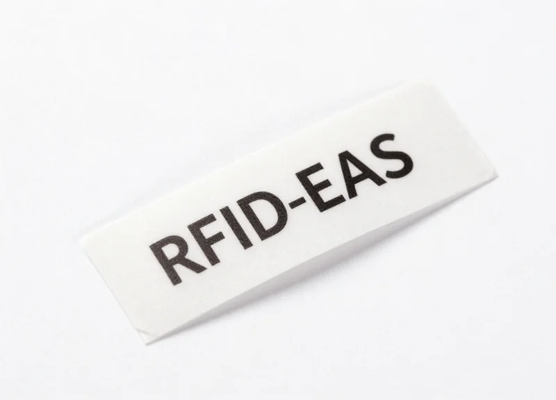 A close-up view of a sleek and thin flexible RFID-EAS hybrid security tag.