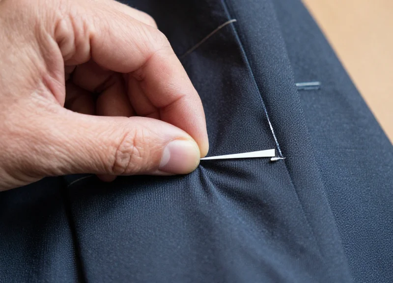 A close-up of a tailor's hand stitching a high-end garment with a discreet security label integrated.