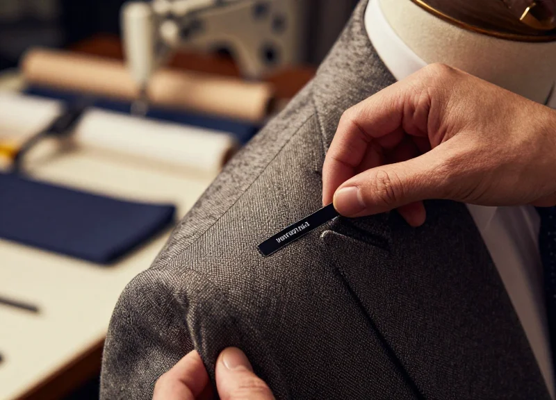 A close-up of a high-end wool suit jacket with a discreet, elegant fabric security label in a luxury tailor atelier.