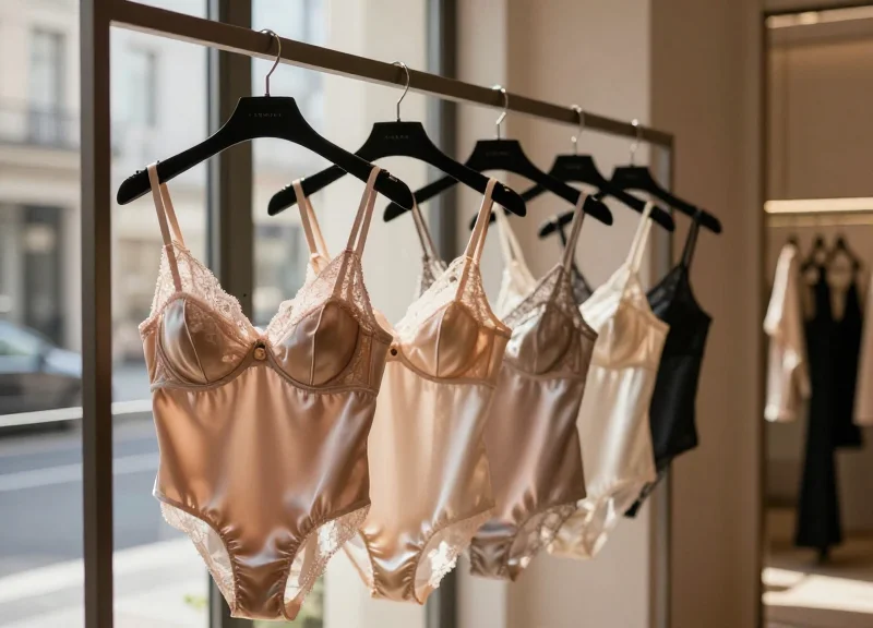 High-end silk lingerie displayed in a luxury boutique with elegant lighting.