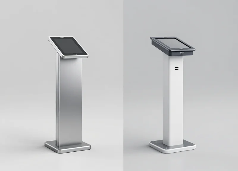 Side-by-side comparison of two modern retail security pedestals representing AM and RF systems.