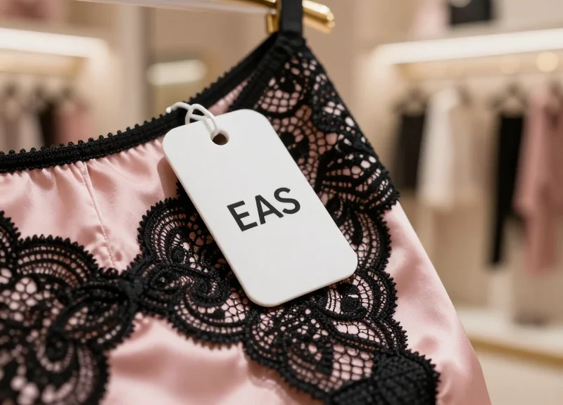 A close-up shot of a modern, sleek security EAS tag attached to the edge of delicate lace and silk lingerie in a luxury retail setting.