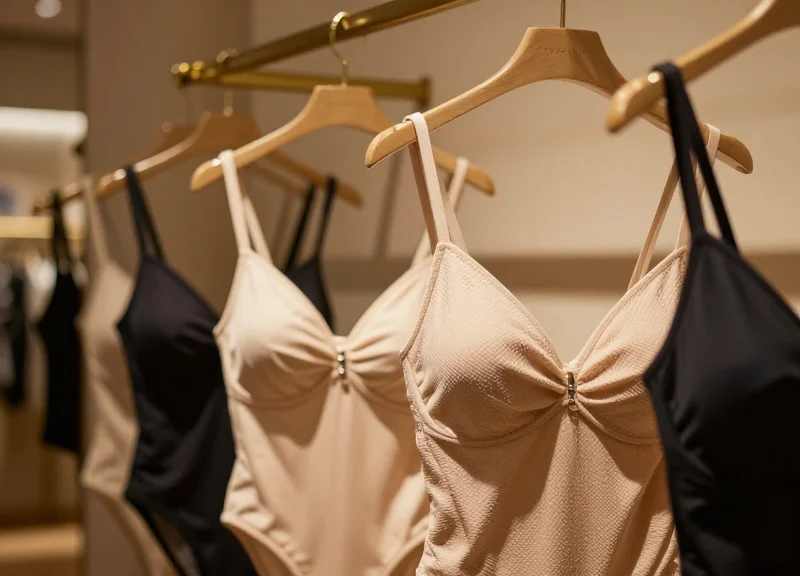 Close-up of luxury swimwear hanging in a high-end boutique with elegant lighting.