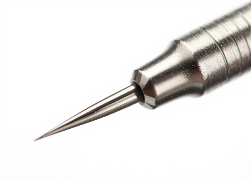 Macro close-up of a 0.6mm ultra-fine stainless steel security needle showing its precision tip.