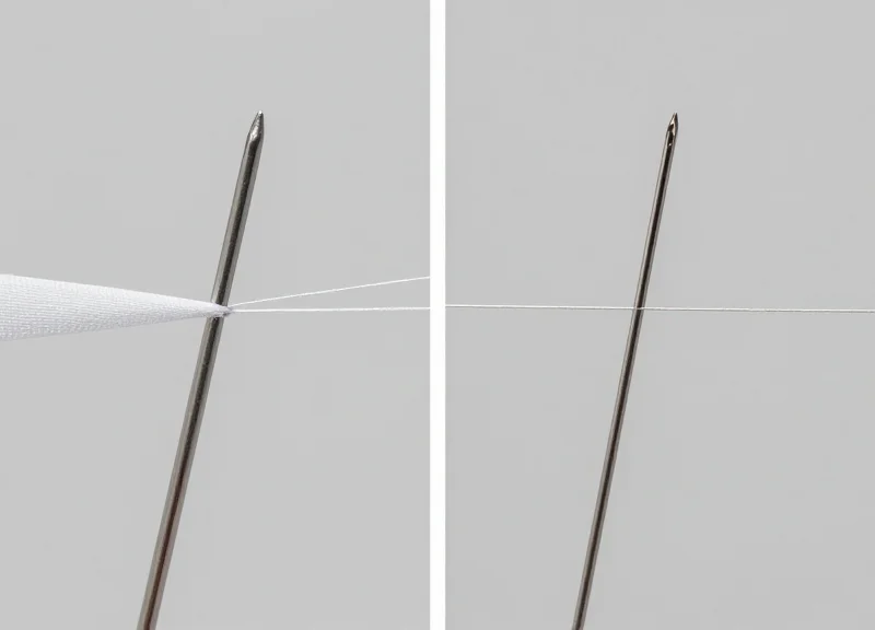 Side-by-side comparison of a standard thick pin and a 0.6mm fine needle penetrating silk fabric.
