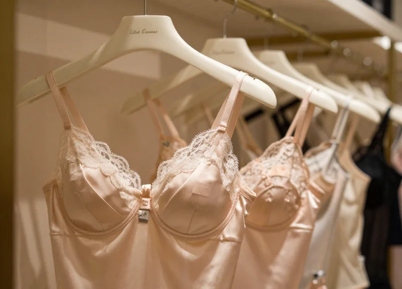 A high-end intimate apparel display showing discreet tag placement on garments.