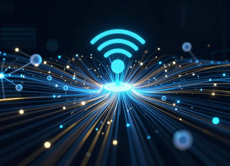 Abstract data visualization showing glowing digital signals emanating from a hybrid RFID security tag.