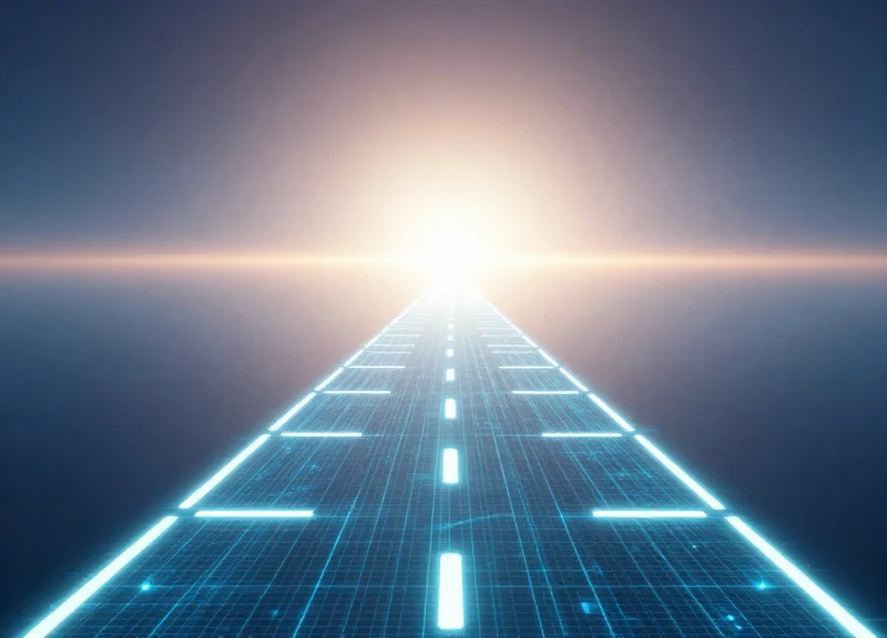 A surreal illustration of a glowing digital path leading into a futuristic horizon of retail technology.