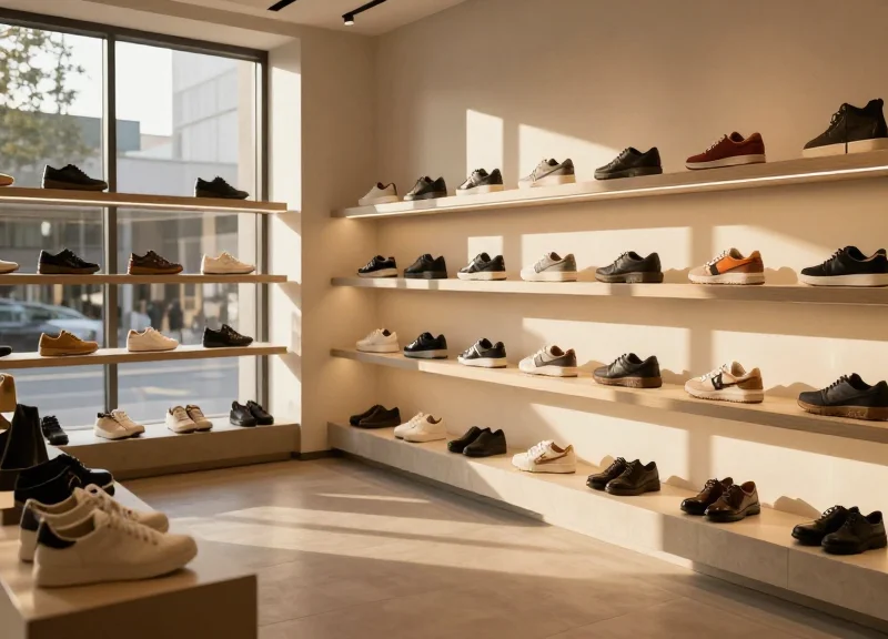 Wide shot of a premium high-end shoe store with luxury sneakers on minimalist shelves under warm cinematic lighting.
