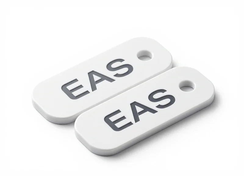 A close-up of a pair of sleek electronic security tags for shoes on a pure white background.