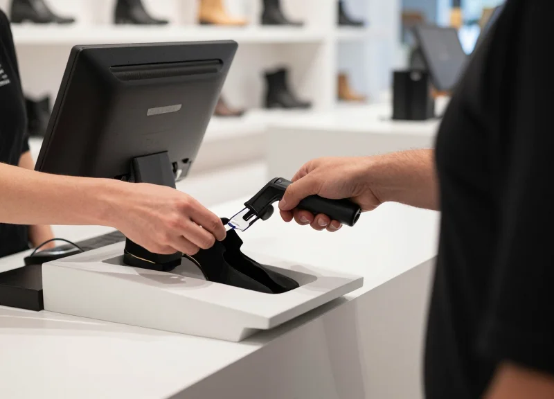 Modern point-of-sale checkout counter where a retail employee is efficiently processing a sale.