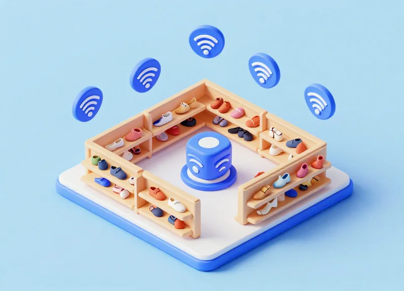 Isometric 3D view of a shoe store floor with digital connections representing integrated EAS and RFID systems.