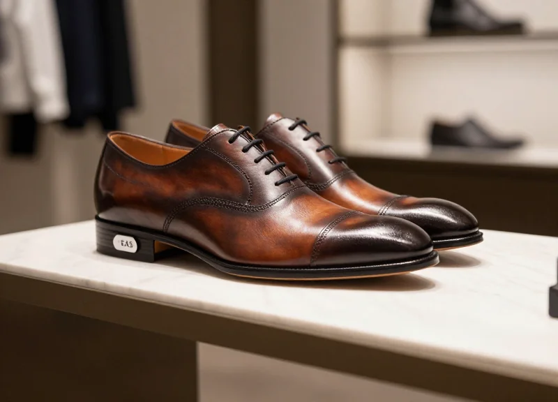A high-end close-up shot of luxury leather shoes on a marble display shelf in a boutique, showing a modern security tag attached.