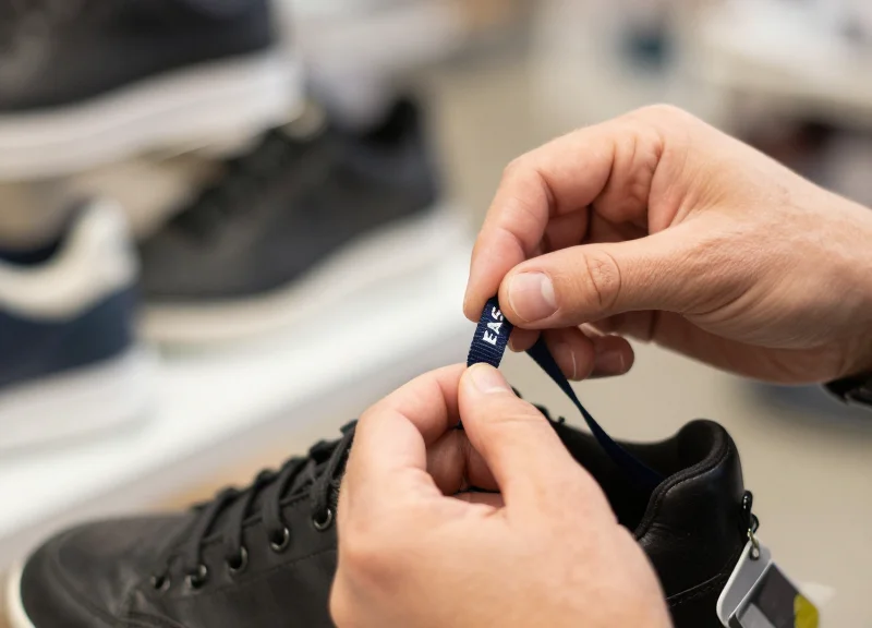 Close-up of a person's hands threading a security lanyard through the eyelet of a sneaker.