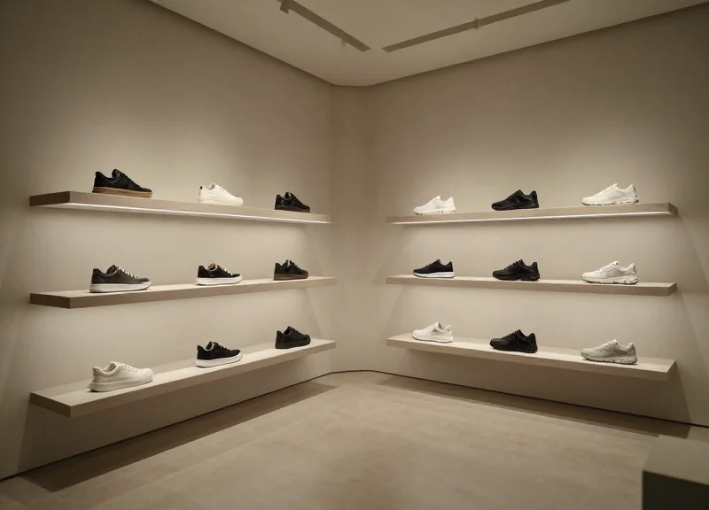 A futuristic and high-end footwear retail store with glowing display shelves and sleek architecture.