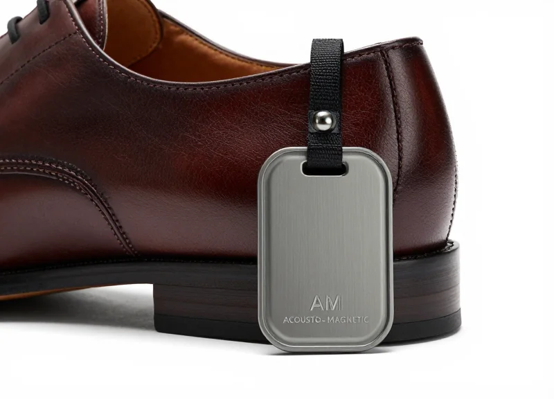 A close-up of a premium leather shoe with a professional AM security tag attached to the heel.