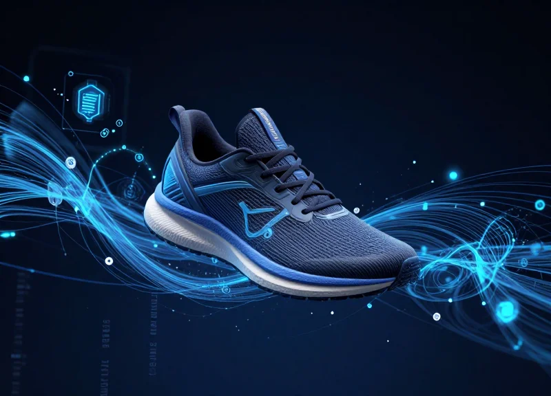 A modern sneaker surrounded by glowing digital data nodes and flowing light trails representing RFID intelligence.