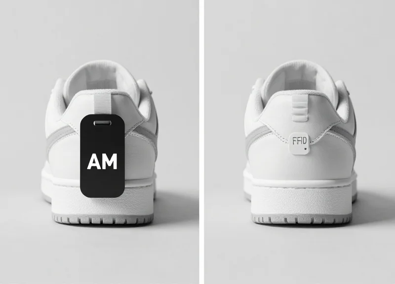 Side-by-side comparison of two identical sneakers showing different security tag styles.