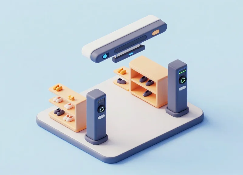 Isometric 3D view of a retail store floor layout integrating both security pedestals and RFID scanners.